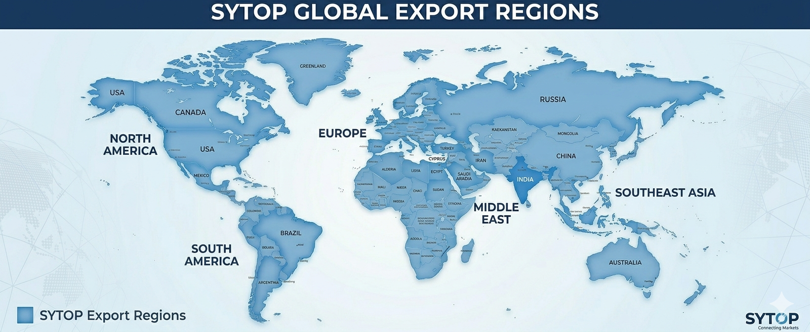 World map showing SYTOP export regions: North America, Europe, Middle East, South America, Southeast Asia
